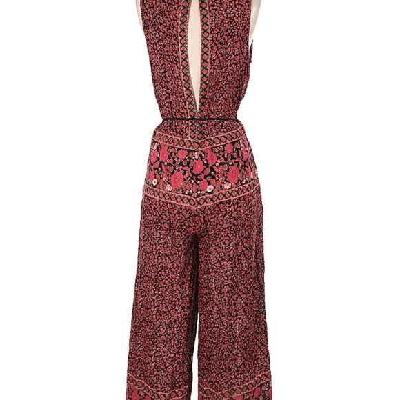 Free People Sleeveless Tie Waist Red, Pink and Black Floral Jumpsuit - Picture 3 of 14
